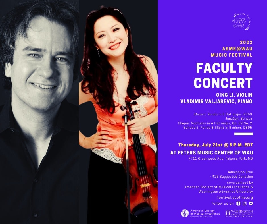 ASME@WAU International Music Festival 2022 faculty Recital I Poster 1 - Qing Li & Vladimir Valjarevic